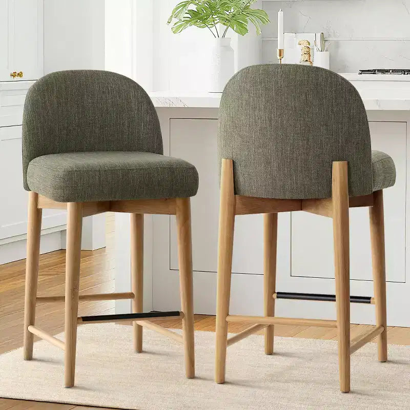 Set of 2 Modern Counter Height Bar Stools, 26 Upholstered Linen Kitchen Island Chairs with Solid Wood Legs & Curved Back