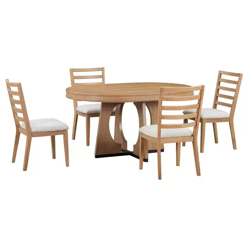 Farmhouse Extendable Round Dining Set for 4, Wood Round Kitchen Table with Leaf, 4 Upholstered Chairs for Dining Room