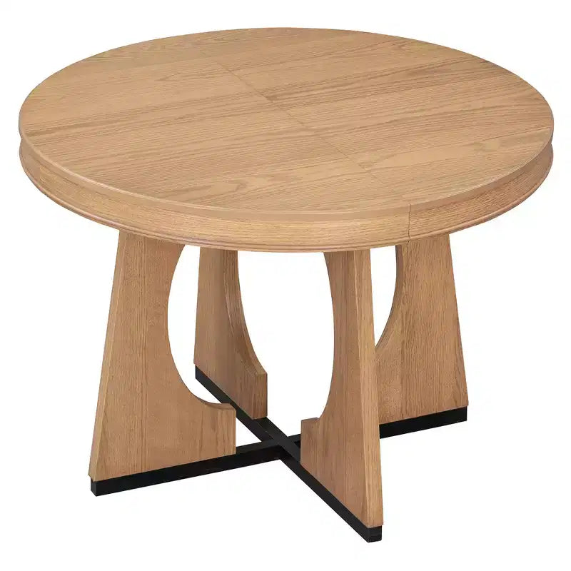 Farmhouse Extendable Round Dining Set for 4, Wood Round Kitchen Table with Leaf, 4 Upholstered Chairs for Dining Room