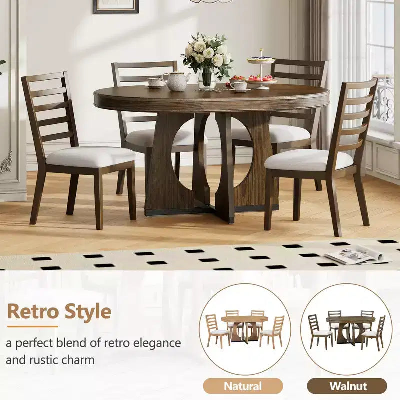 Farmhouse Extendable Round Dining Set for 4, Wood Round Kitchen Table with Leaf, 4 Upholstered Chairs for Dining Room