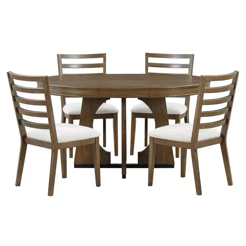 Farmhouse Extendable Round Dining Set for 4, Wood Round Kitchen Table with Leaf, 4 Upholstered Chairs for Dining Room