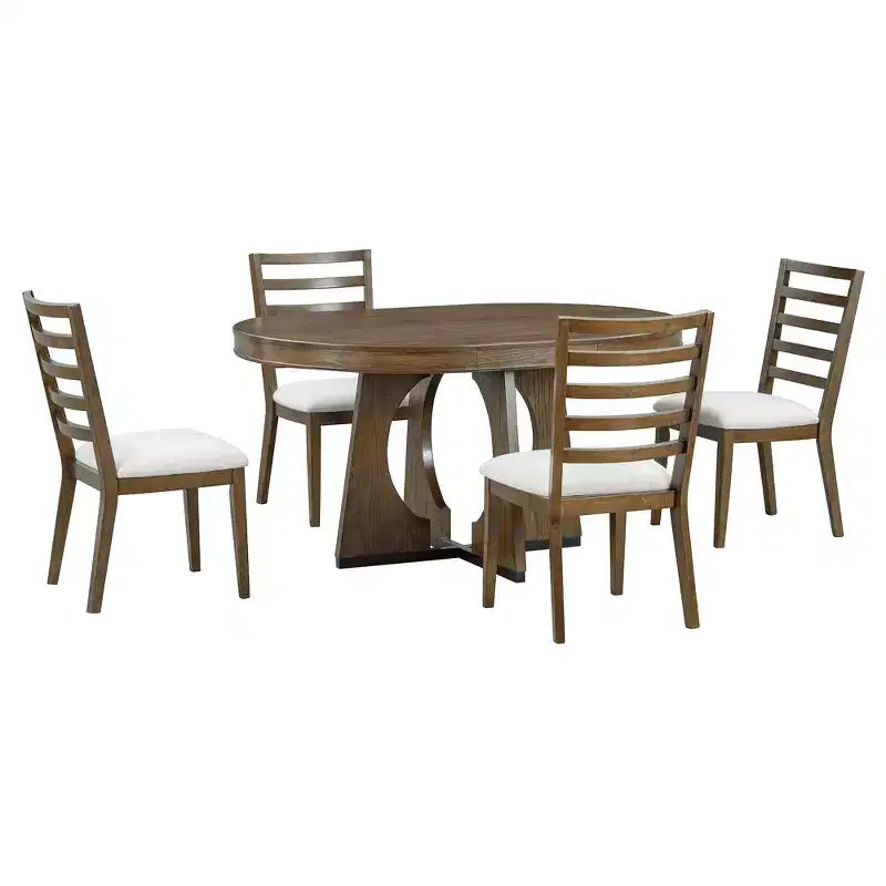 Farmhouse Extendable Round Dining Set for 4, Wood Round Kitchen Table with Leaf, 4 Upholstered Chairs for Dining Room