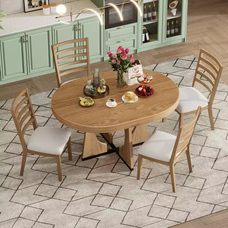 Farmhouse Extendable Round Dining Set for 4, Wood Round Kitchen Table with Leaf, 4 Upholstered Chairs for Dining Room