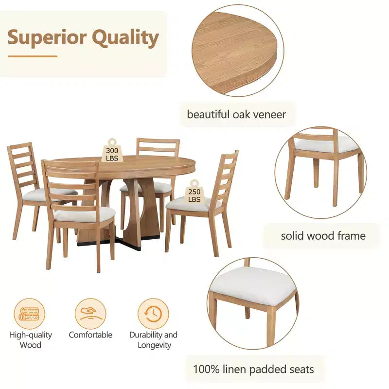 Farmhouse Extendable Round Dining Set for 4, Wood Round Kitchen Table with Leaf, 4 Upholstered Chairs for Dining Room