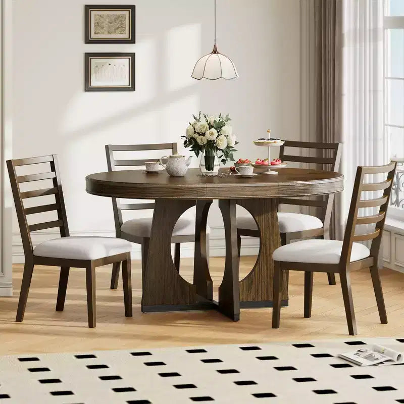 Farmhouse Extendable Round Dining Set for 4, Wood Round Kitchen Table with Leaf, 4 Upholstered Chairs for Dining Room