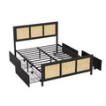 Boho Rattan Bed Frame with Headboard  Cane Platform, 4 Large Storage Drawers, Noise-Free Strong Metal Slats, Easy Assembly