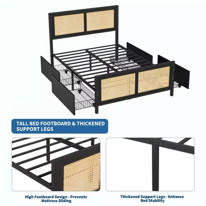 Boho Rattan Bed Frame with Headboard Cane Platform, 4 Large Storage Drawers, Noise-Free Strong Metal Slats, Easy Assembly