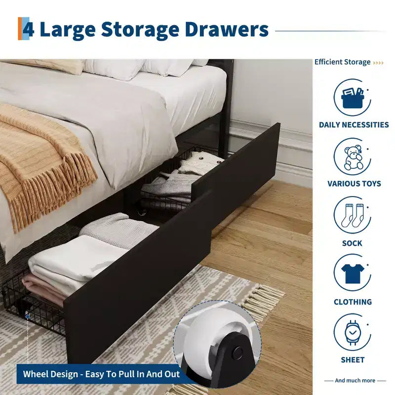 Boho Rattan Bed Frame with Headboard Cane Platform, 4 Large Storage Drawers, Noise-Free Strong Metal Slats, Easy Assembly