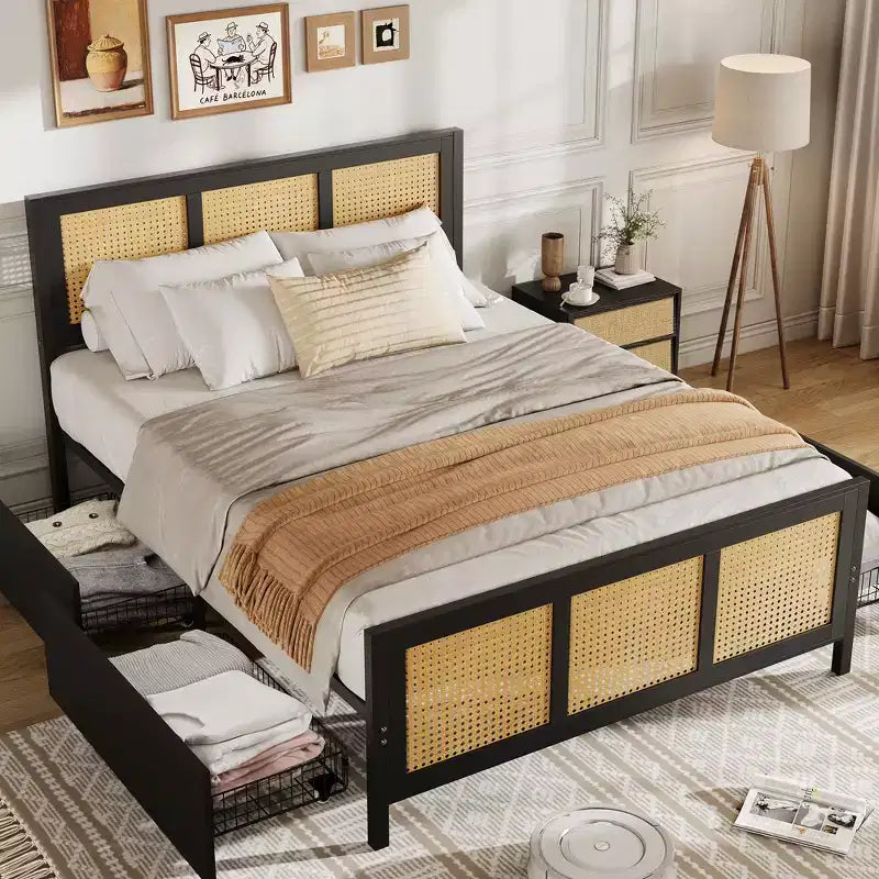 Boho Rattan Bed Frame with Headboard Cane Platform, 4 Large Storage Drawers, Noise-Free Strong Metal Slats, Easy Assembly
