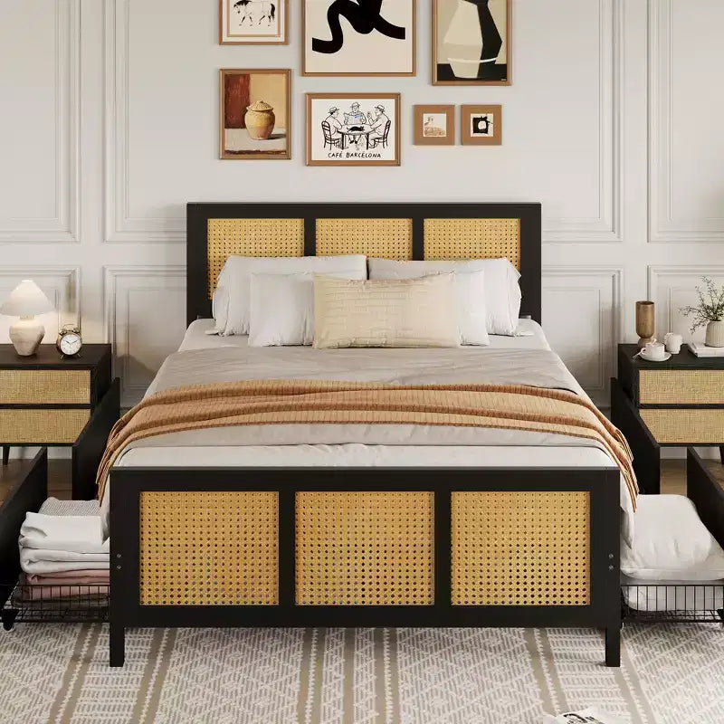 Boho Rattan Bed Frame with Headboard Cane Platform, 4 Large Storage Drawers, Noise-Free Strong Metal Slats, Easy Assembly