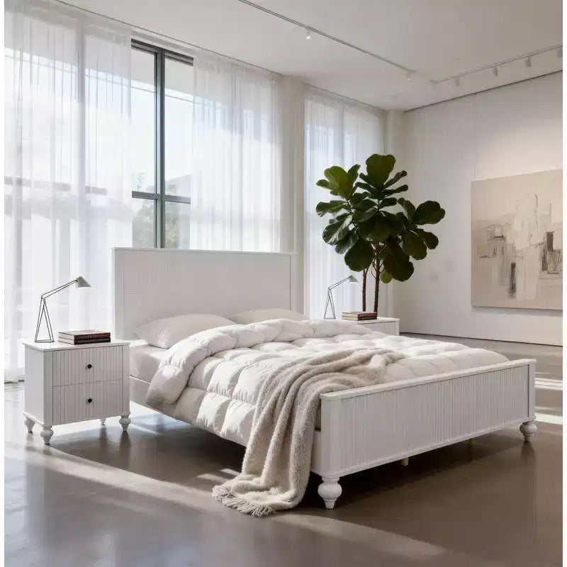 Queen/King Size Platform Bed Frame with Headboard & Footboard, Grooved Panels, Walnut/White