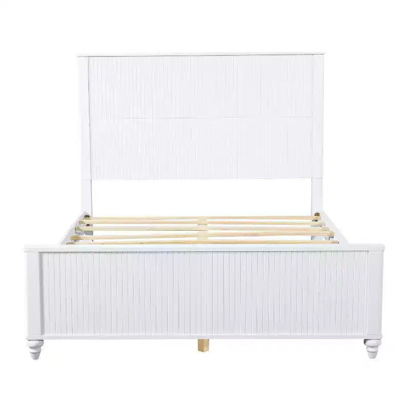Queen/King Size Platform Bed Frame with Headboard & Footboard, Grooved Panels, Walnut/White