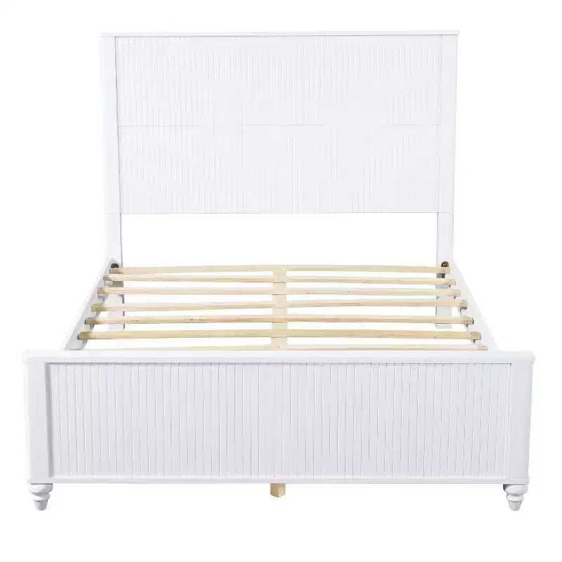 Queen/King Size Platform Bed Frame with Headboard & Footboard, Grooved Panels, Walnut/White