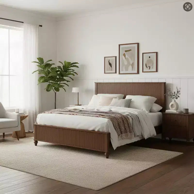 Queen/King Size Platform Bed Frame with Headboard & Footboard, Grooved Panels, Walnut/White
