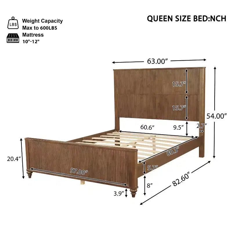 Queen/King Size Platform Bed Frame with Headboard & Footboard, Grooved Panels, Walnut/White
