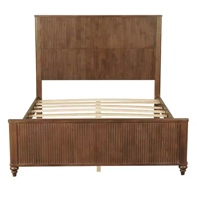 Queen/King Size Platform Bed Frame with Headboard & Footboard, Grooved Panels, Walnut/White