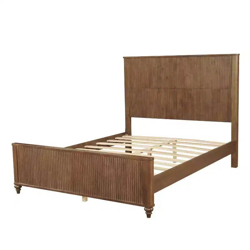 Queen/King Size Platform Bed Frame with Headboard & Footboard, Grooved Panels, Walnut/White