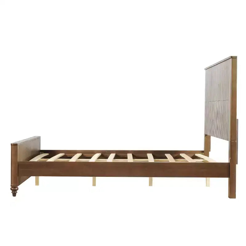 Queen/King Size Platform Bed Frame with Headboard & Footboard, Grooved Panels, Walnut/White