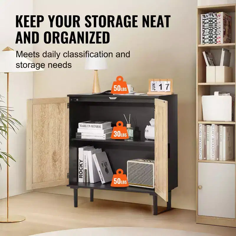 Rattan Storage Cabinet with 2 Magnetic Doors and Adjustable Shelves Sideboard Buffet Black