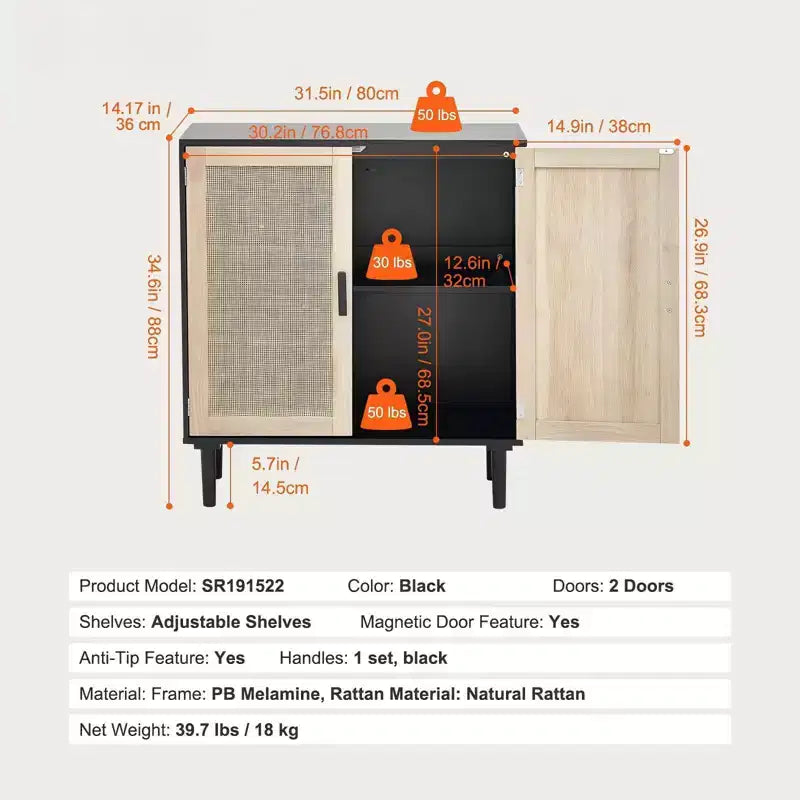 Rattan Storage Cabinet with 2 Magnetic Doors and Adjustable Shelves Sideboard Buffet Black