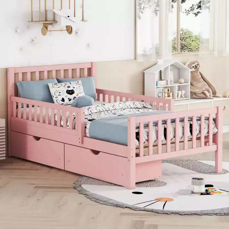 MAYEERTY Twin Size Wood Platform Bed with Guardrails on Both Sides and Two Storage Drawers Pink