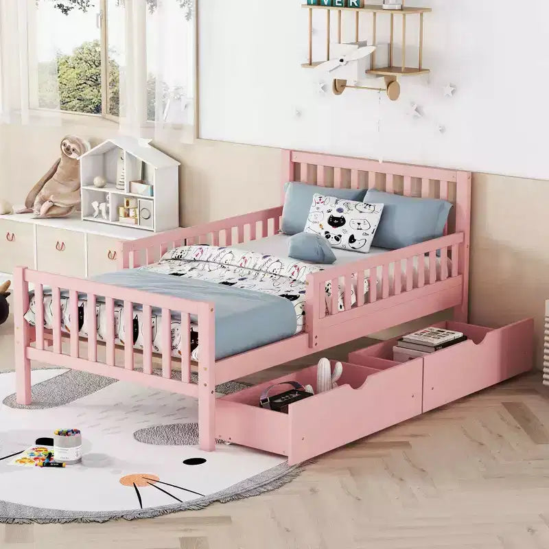 Twin Size Wood Platform Bed with Guardrails on Both Sides and Two Storage Drawers Pink