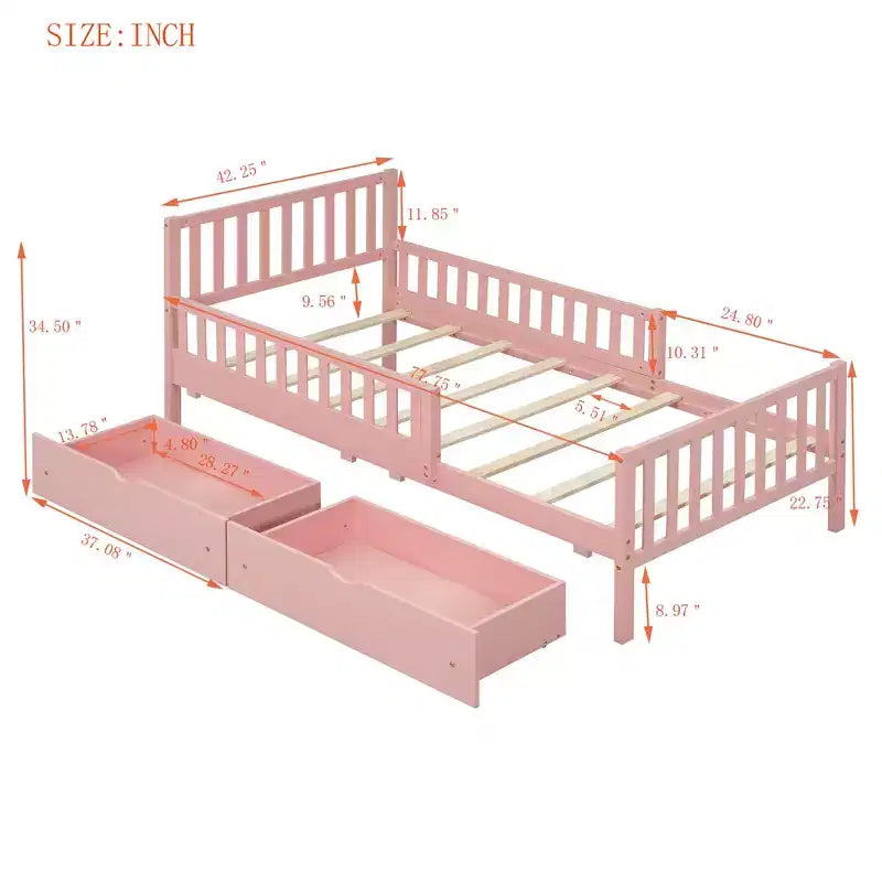 Twin Size Wood Platform Bed with Guardrails on Both Sides and Two Storage Drawers Pink