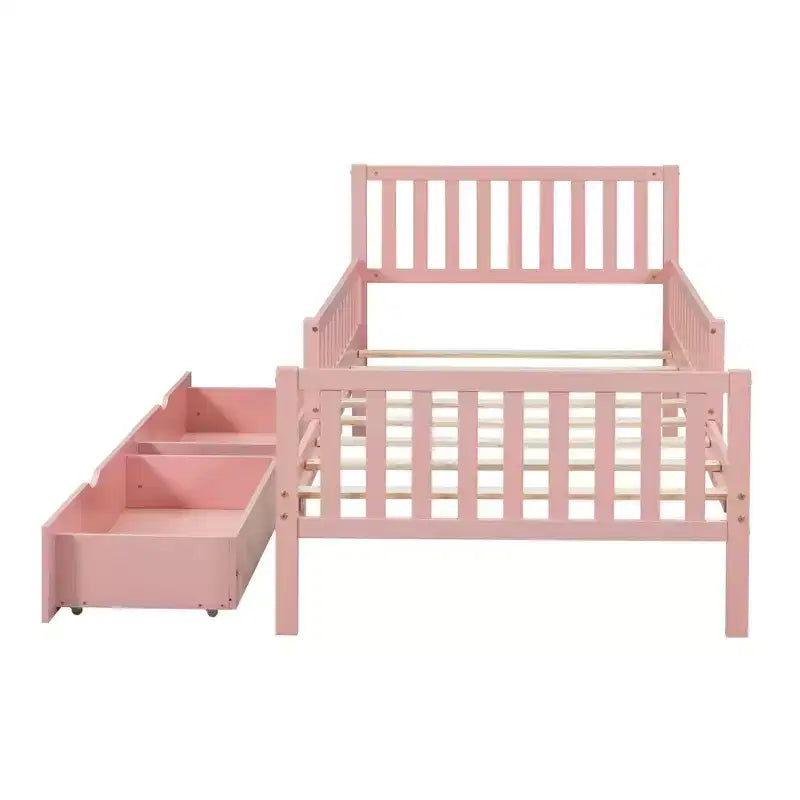 Twin Size Wood Platform Bed with Guardrails on Both Sides and Two Storage Drawers Pink
