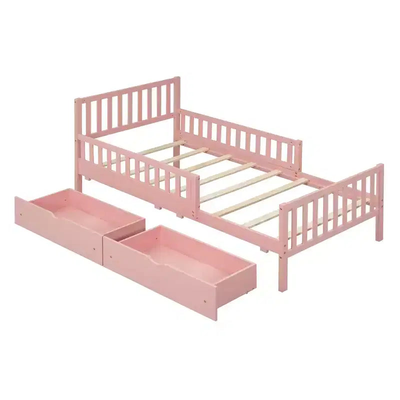 Twin Size Wood Platform Bed with Guardrails on Both Sides and Two Storage Drawers Pink