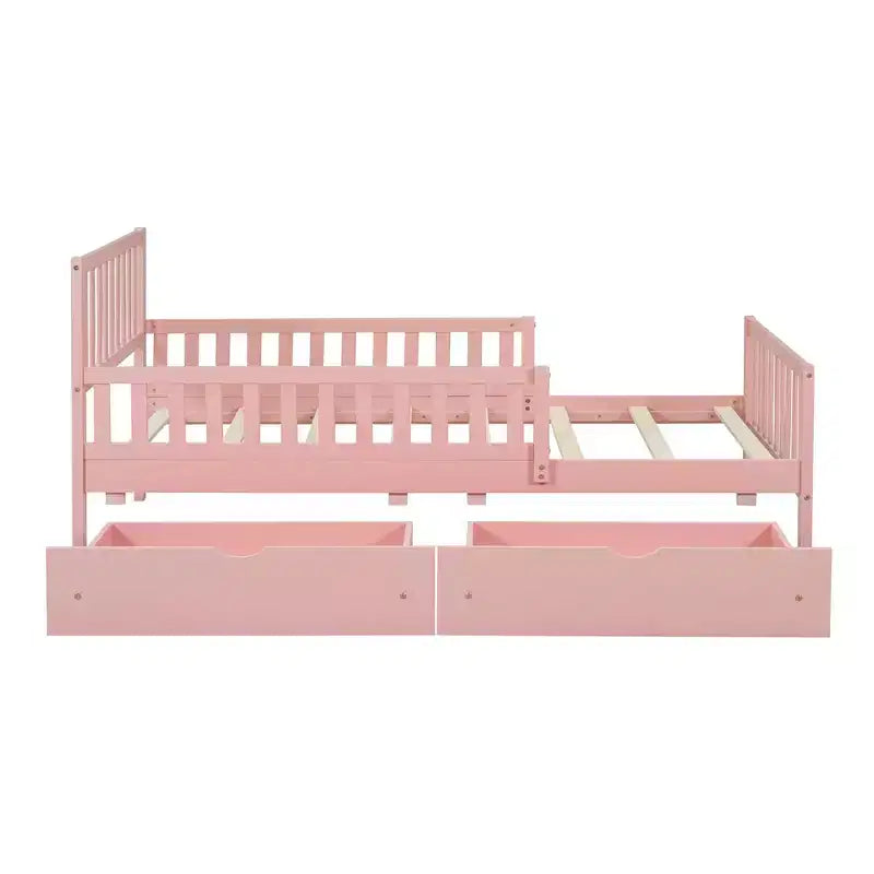 Twin Size Wood Platform Bed with Guardrails on Both Sides and Two Storage Drawers Pink
