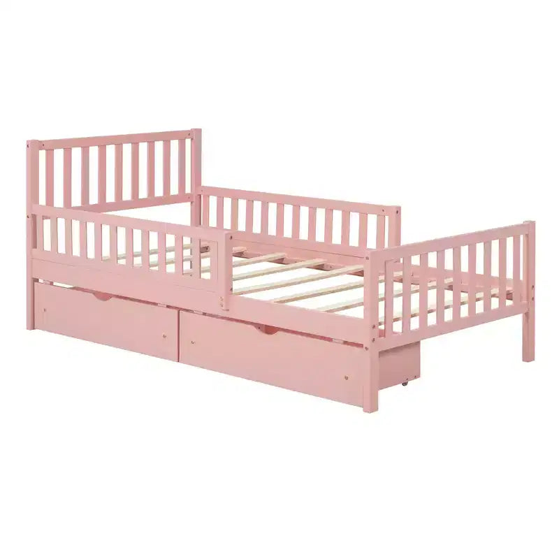 Twin Size Wood Platform Bed with Guardrails on Both Sides and Two Storage Drawers Pink