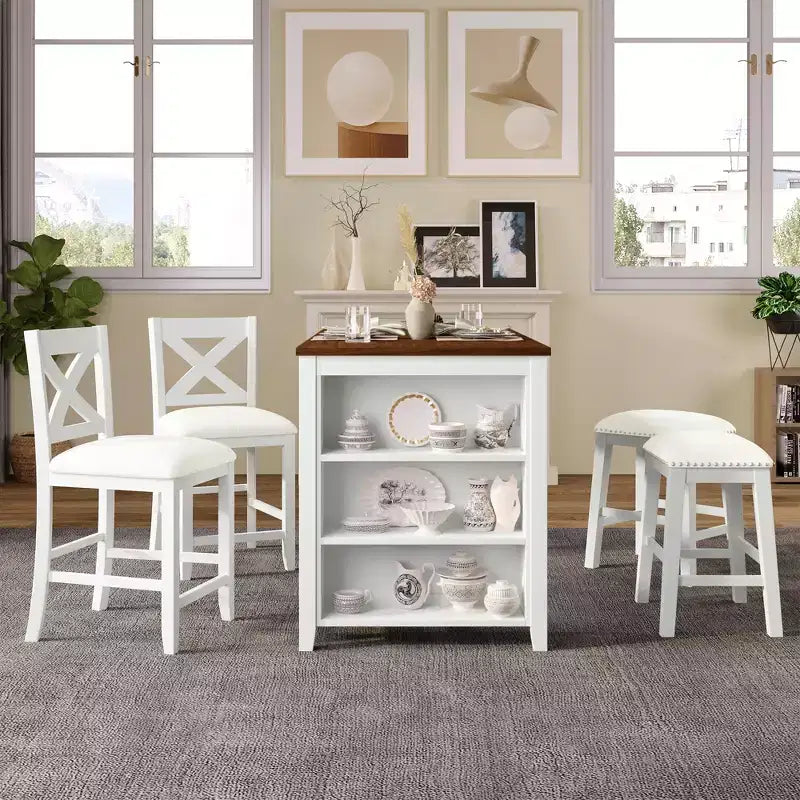 Counter Height Dining Table Set for 4, Wood Bar Table with Storage shelf and 2 stools & 2 Chairs for Small Places