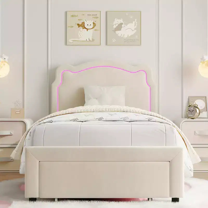 Luxury Velvet Platform Bed Frame with Adjustable Bear Headboard Noise-Free Upholstered Bed, No Box Spring Required, Modern Bedroom Statement Piece