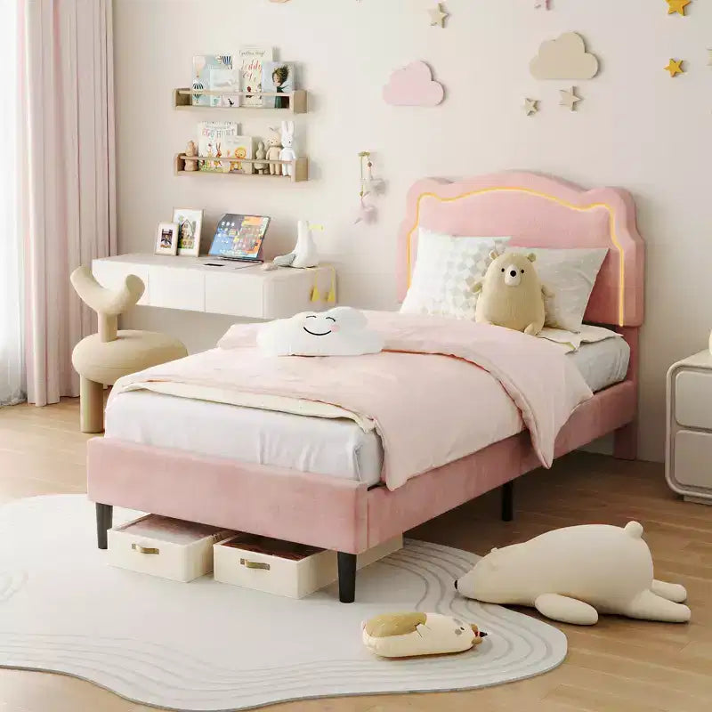 Luxury Velvet Platform Bed Frame with Adjustable Bear Headboard Noise-Free Upholstered Bed, No Box Spring Required, Modern Bedroom Statement Piece