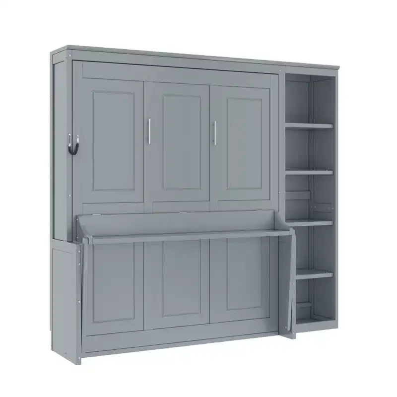 Full/Queen Size Murphy Bed with Bookshelf, Wooden Cabinet Bed Wall Bed with Desk, Folding Wall Chest Bed for Guest Room Office