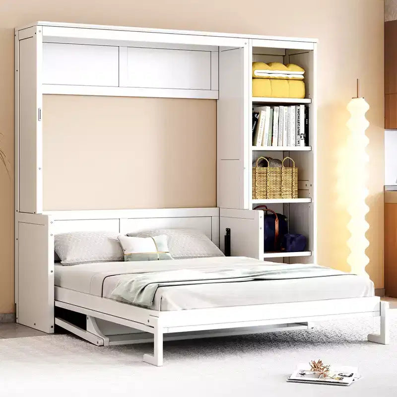 Full/Queen Size Murphy Bed with Bookshelf, Wooden Cabinet Bed Wall Bed with Desk, Folding Wall Chest Bed for Guest Room Office