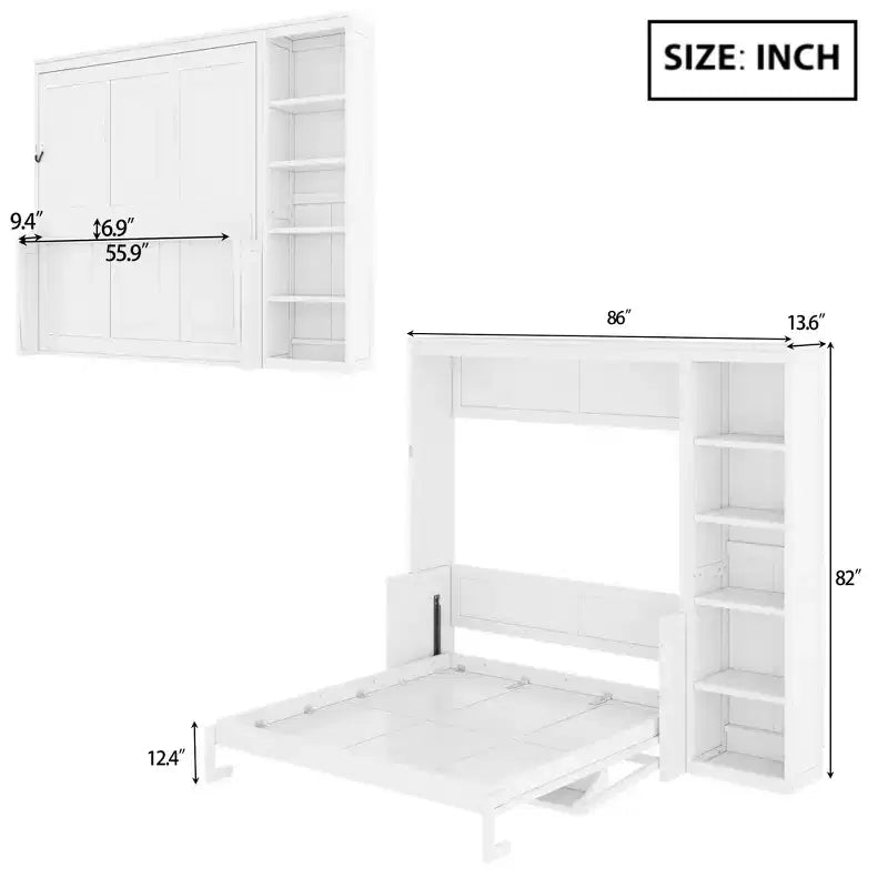 Full/Queen Size Murphy Bed with Bookshelf, Wooden Cabinet Bed Wall Bed with Desk, Folding Wall Chest Bed for Guest Room Office