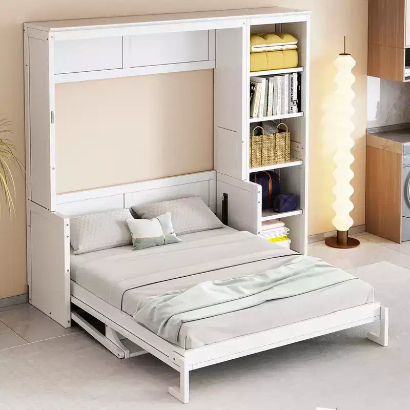 Full/Queen Size Murphy Bed with Bookshelf, Wooden Cabinet Bed Wall Bed with Desk, Folding Wall Chest Bed for Guest Room Office