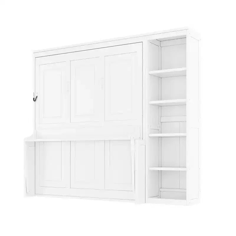 Full/Queen Size Murphy Bed with Bookshelf, Wooden Cabinet Bed Wall Bed with Desk, Folding Wall Chest Bed for Guest Room Office