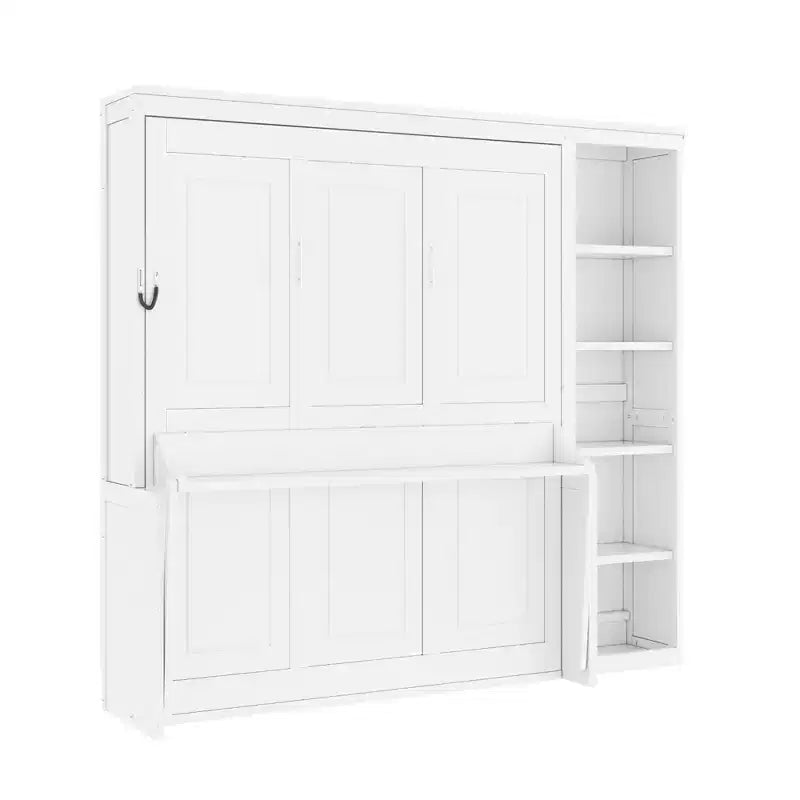 Full/Queen Size Murphy Bed with Bookshelf, Wooden Cabinet Bed Wall Bed with Desk, Folding Wall Chest Bed for Guest Room Office