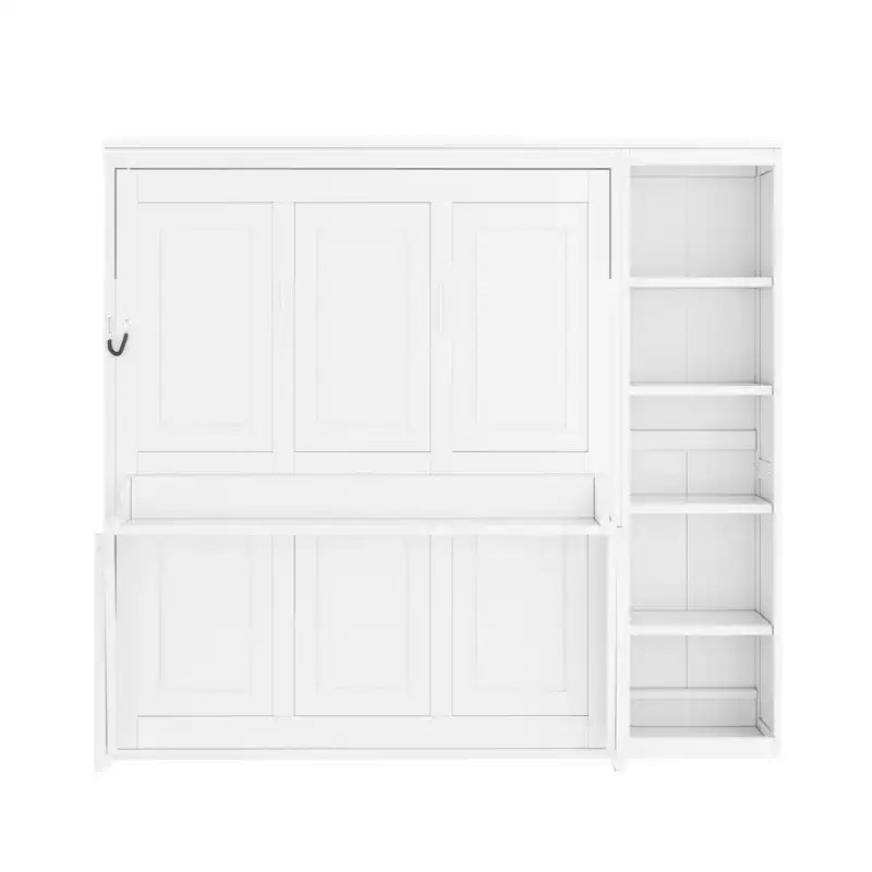Full/Queen Size Murphy Bed with Bookshelf, Wooden Cabinet Bed Wall Bed with Desk, Folding Wall Chest Bed for Guest Room Office