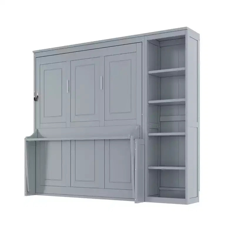 Full/Queen Size Murphy Bed with Bookshelf, Wooden Cabinet Bed Wall Bed with Desk, Folding Wall Chest Bed for Guest Room Office