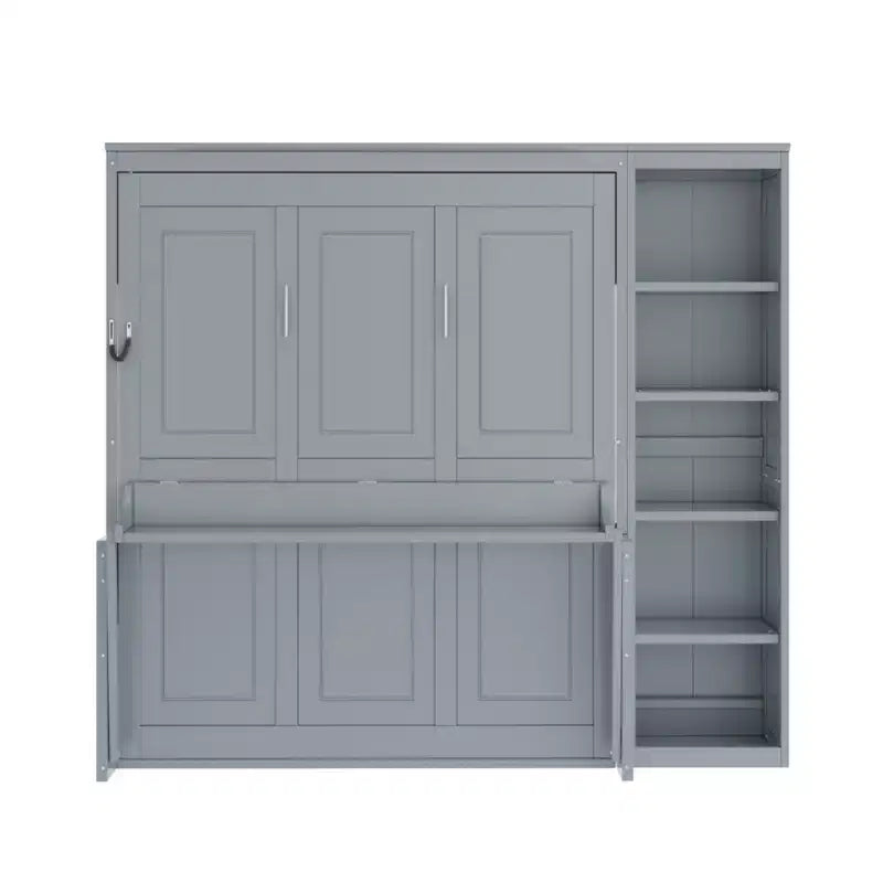 Full/Queen Size Murphy Bed with Bookshelf, Wooden Cabinet Bed Wall Bed with Desk, Folding Wall Chest Bed for Guest Room Office