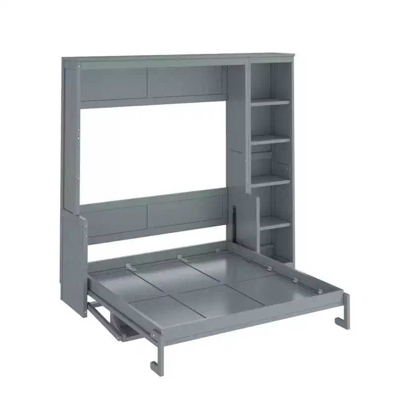 Full/Queen Size Murphy Bed with Bookshelf, Wooden Cabinet Bed Wall Bed with Desk, Folding Wall Chest Bed for Guest Room Office