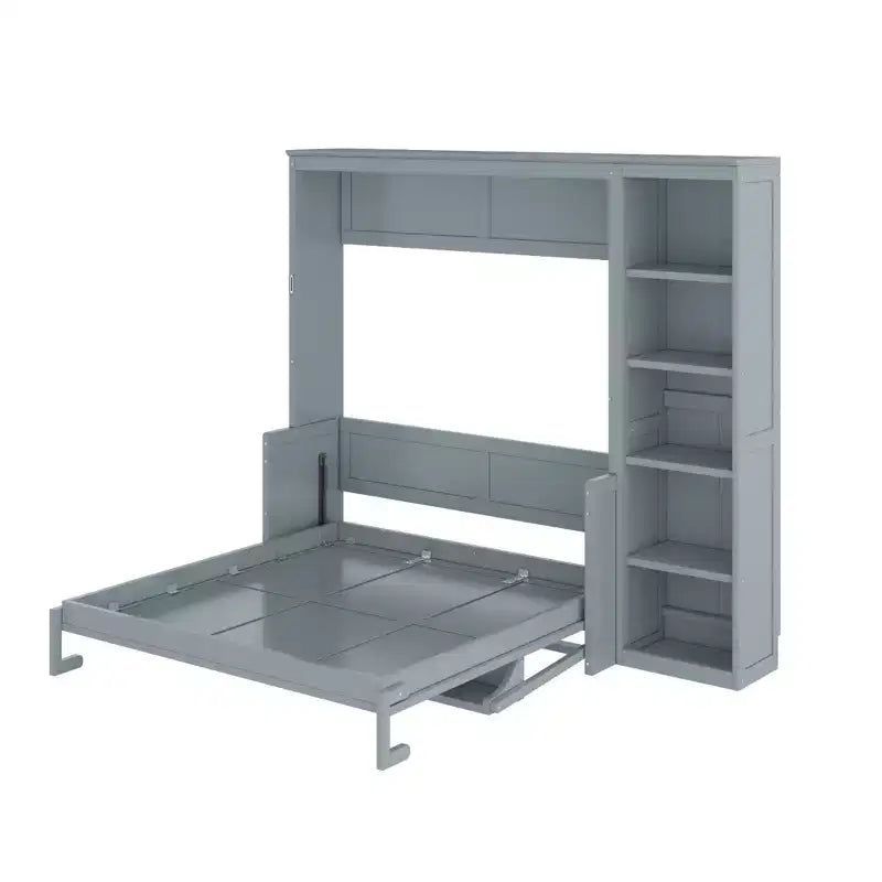 Full/Queen Size Murphy Bed with Bookshelf, Wooden Cabinet Bed Wall Bed with Desk, Folding Wall Chest Bed for Guest Room Office