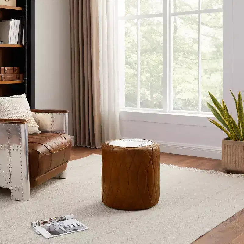 Industrial Genuine Leather and Aluminum Ottoman with Multi-Functional