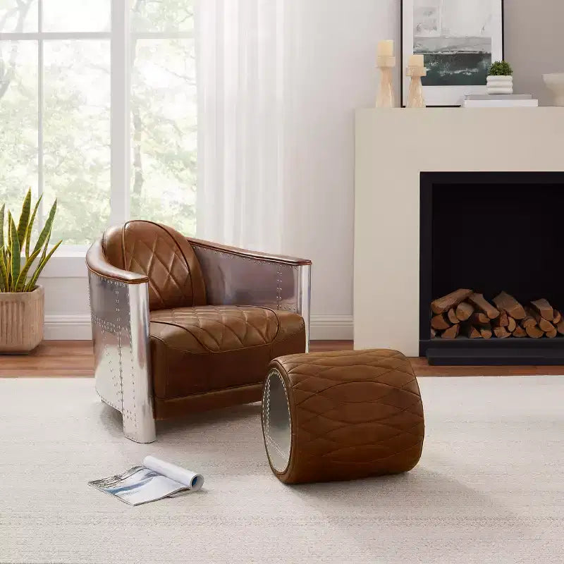 Industrial Genuine Leather and Aluminum Ottoman with Multi-Functional