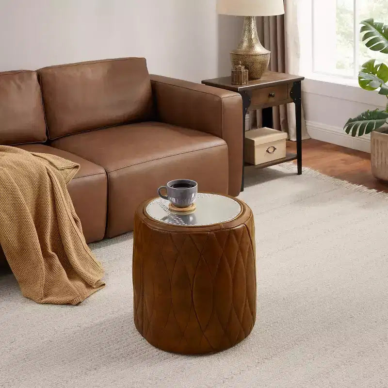 Industrial Genuine Leather and Aluminum Ottoman with Multi-Functional