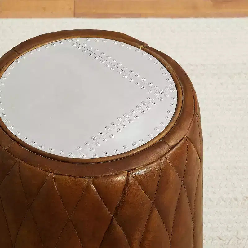 Industrial Genuine Leather and Aluminum Ottoman with Multi-Functional