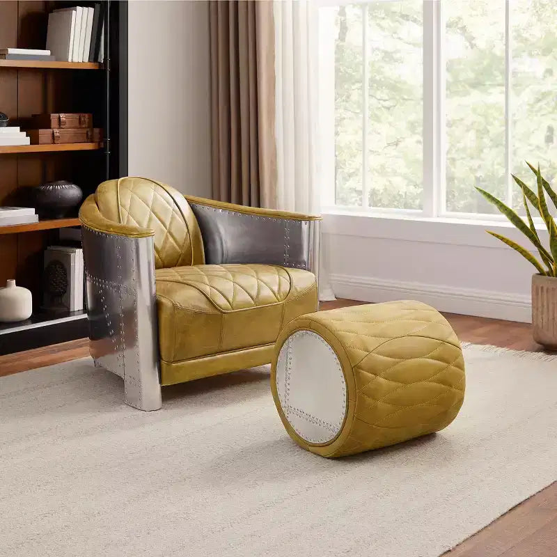 Industrial Genuine Leather and Aluminum Ottoman with Multi-Functional